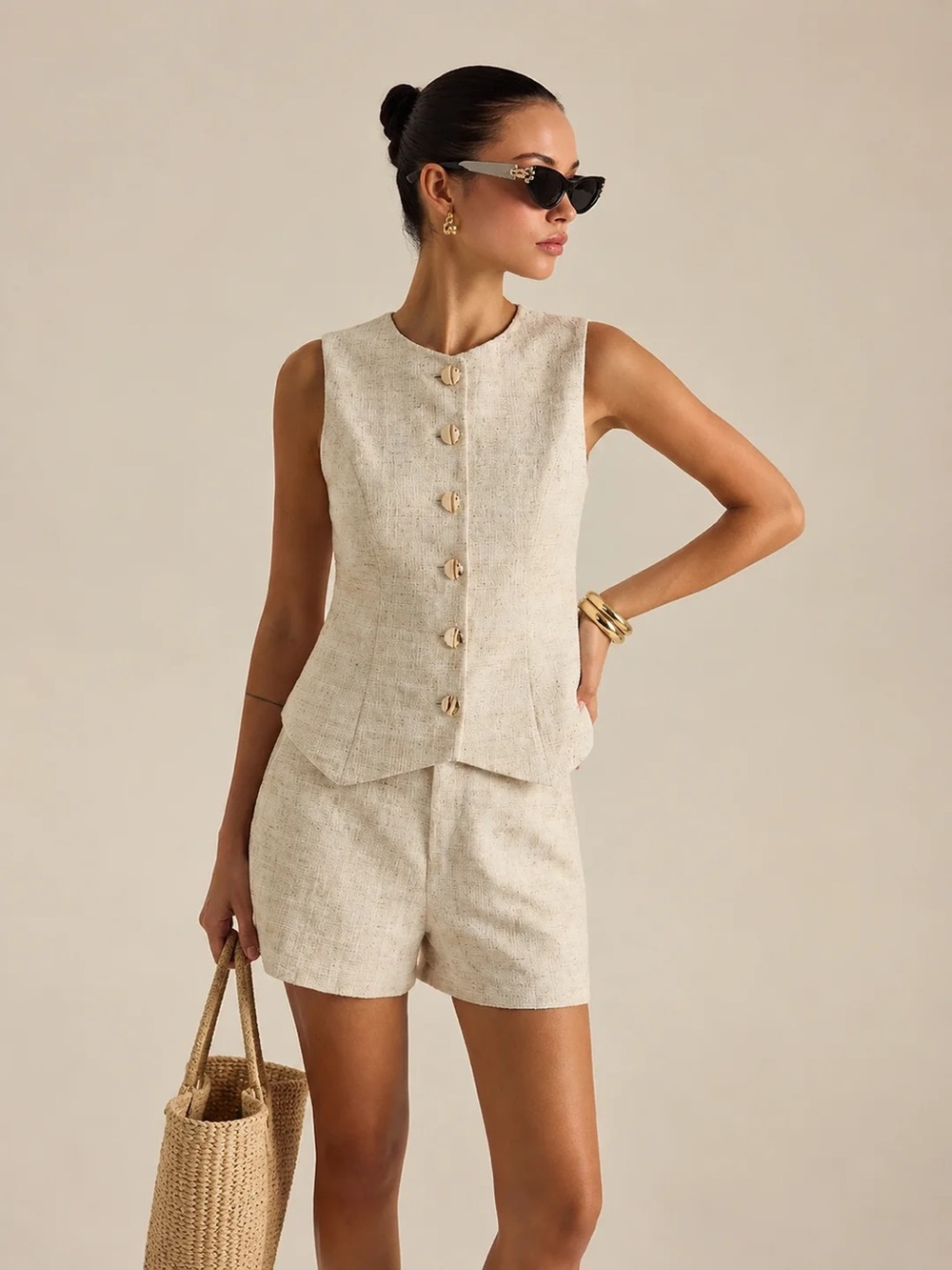 COMMENSE Tweed Buttoned Vest & Mini Shorts Set - size Medium